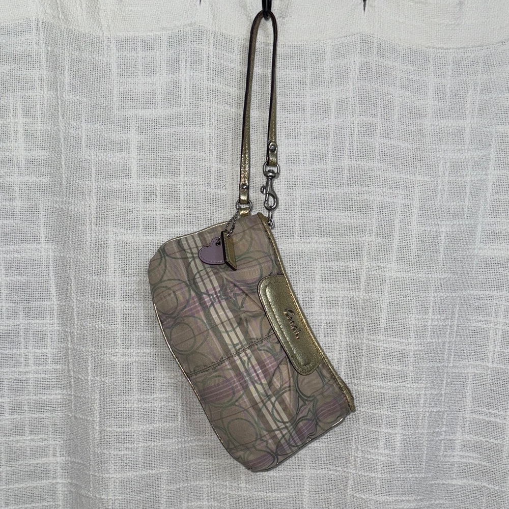 Coach Poppy Plaid Wristlet in Gold and Purple